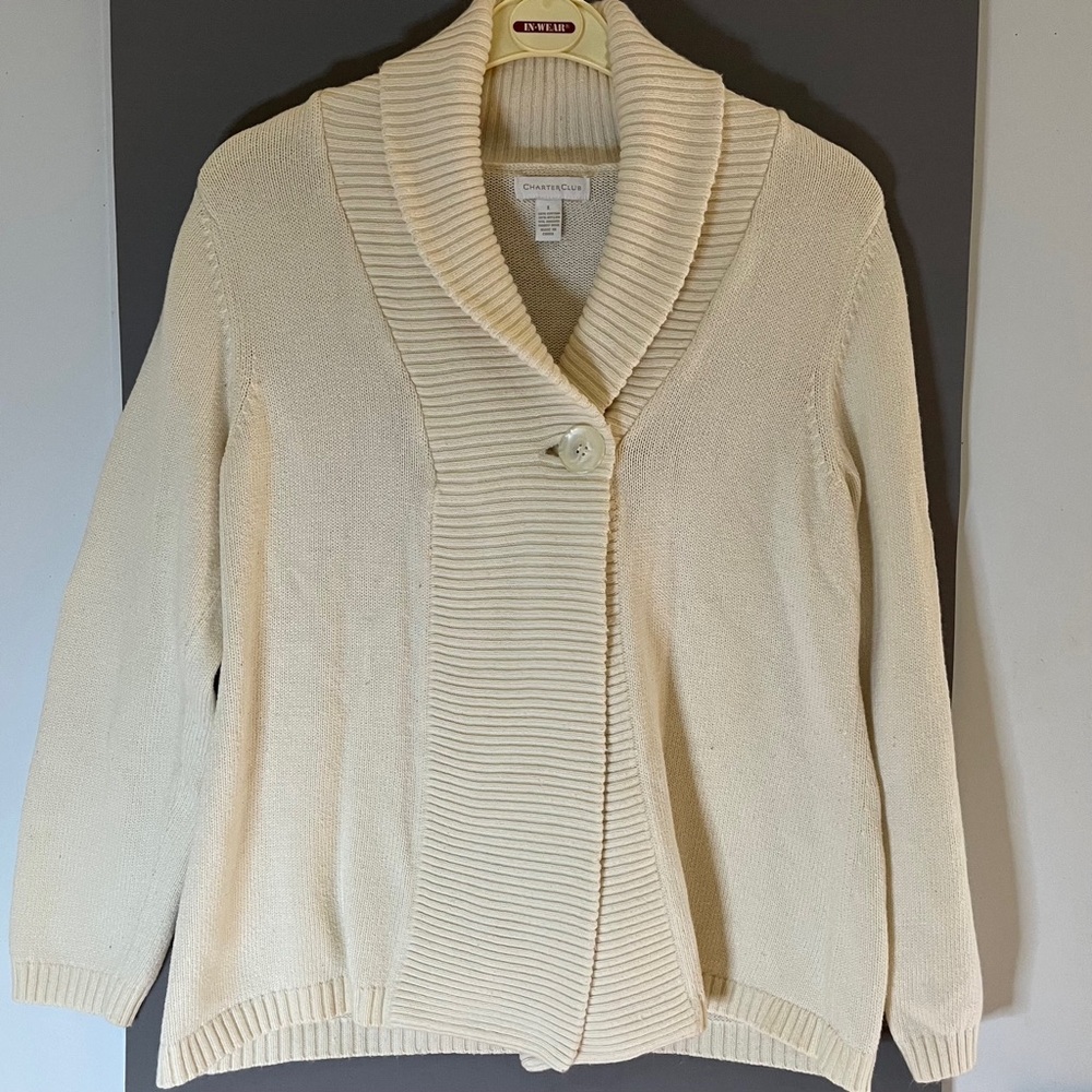 Charter Club Cream Women's One Button Cardigan. Cotton/Nylon/Angora. Size Large